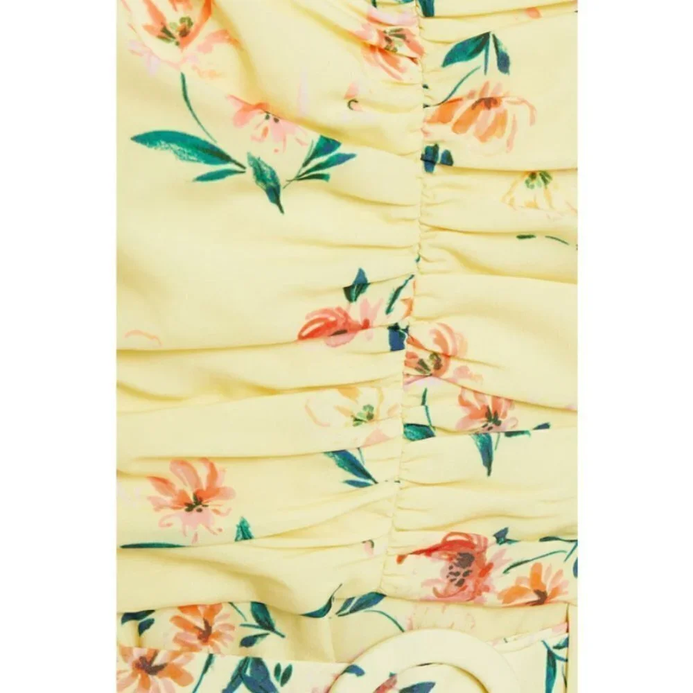 💕PALOMA BLUE💕 Evie Gathered Floral-Print Crepe Midi Dress Yellow Medium M NWOT - Picture 5 of 16